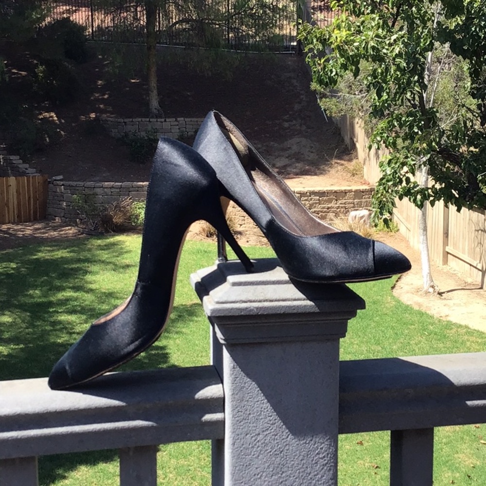 Joan & David Black Satin with Black Grosgrain detail - Size 8 1/2